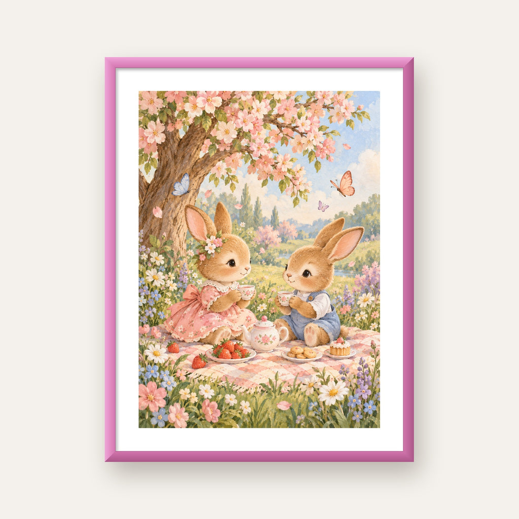 Bahar Pikniğinde Tavşanlar Pastel Poster – Suluboya Duvar Dekoru — pembe çerçeveli paspartulu