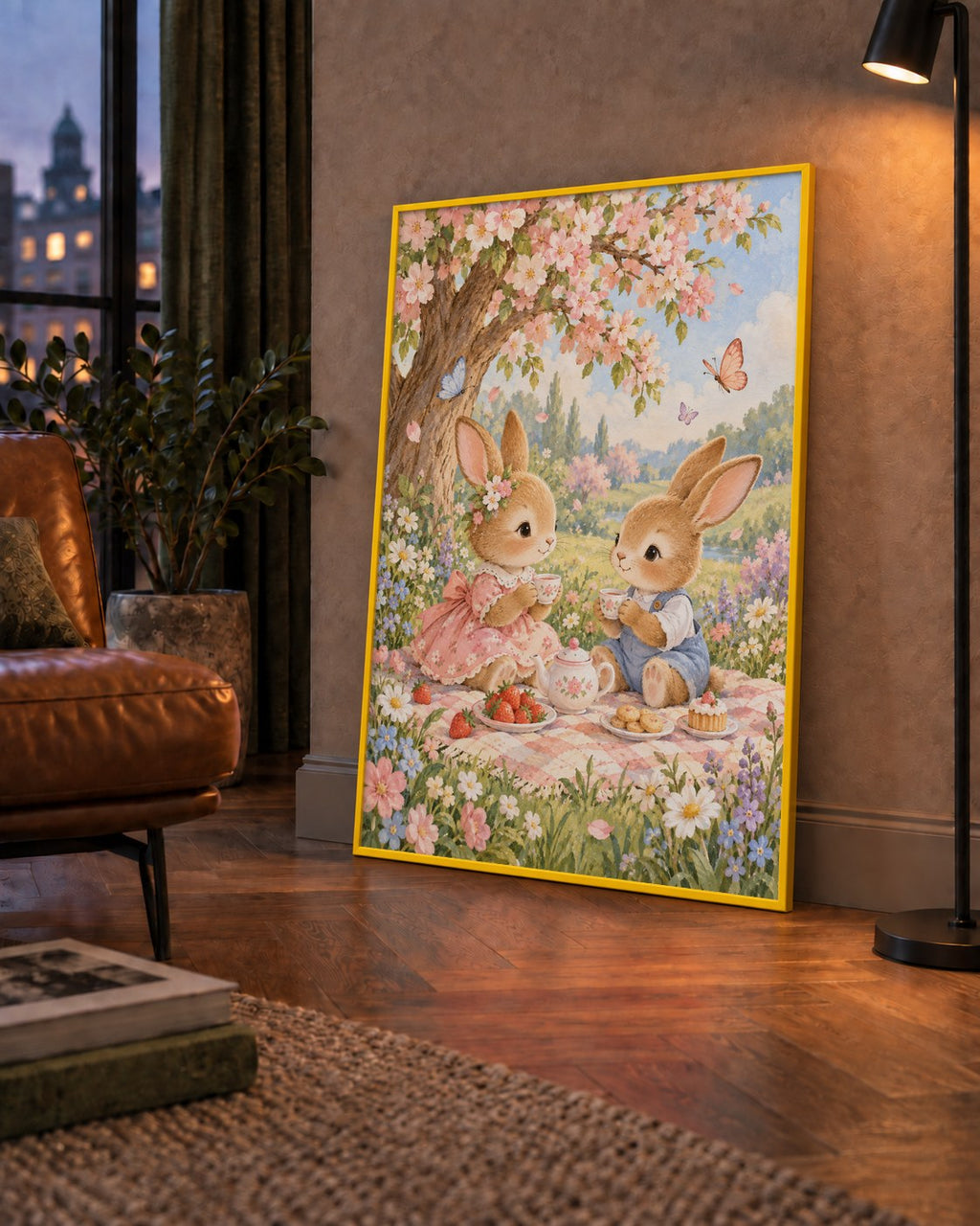 Bahar Pikniğinde Tavşanlar Pastel Poster – Suluboya Duvar Dekoru — çerçeveli hâliyle bir ev duvarında