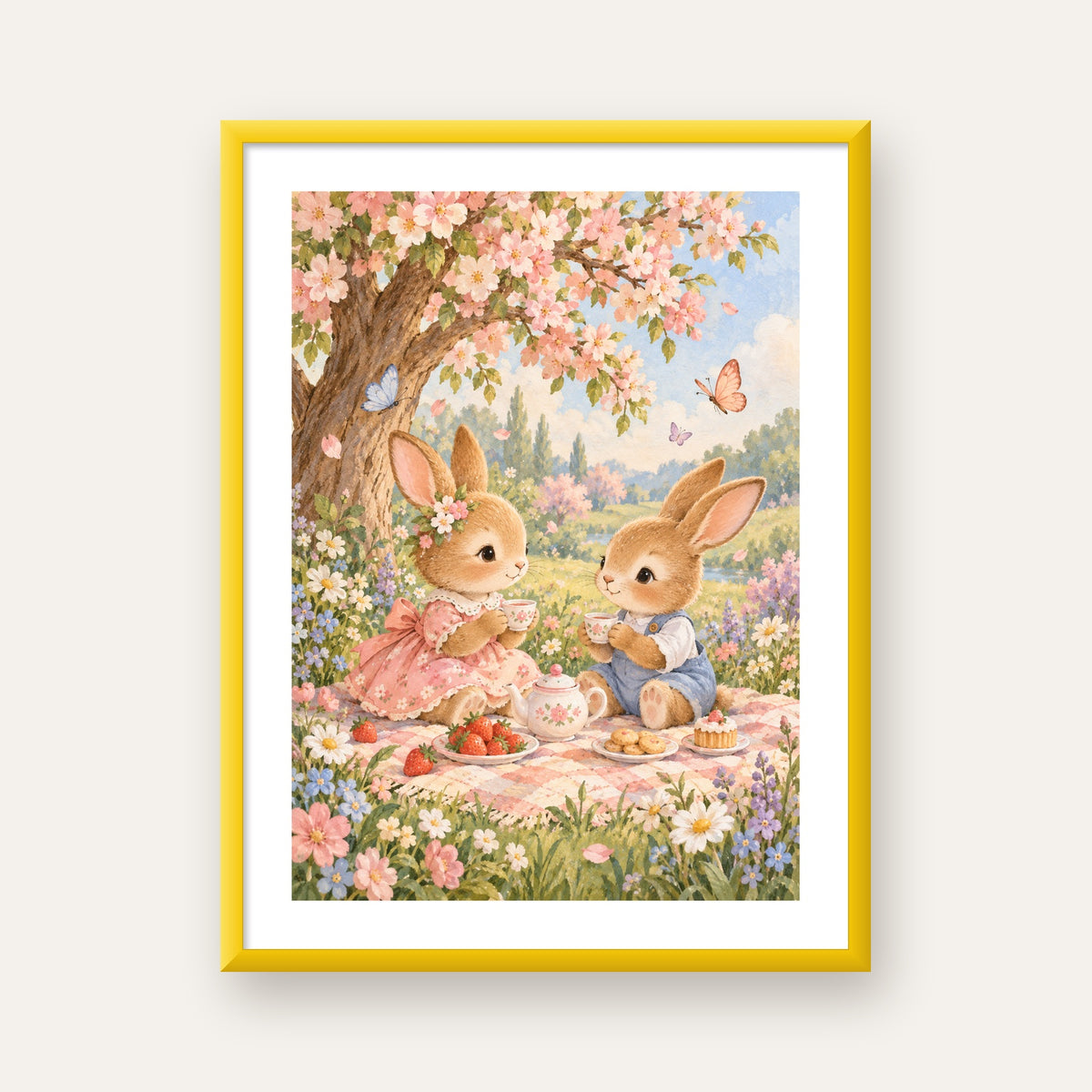 Bahar Pikniğinde Tavşanlar Pastel Poster – Suluboya Duvar Dekoru — sarı çerçeveli paspartulu