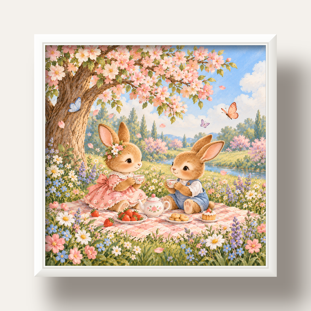 Bahar Pikniğinde Tavşanlar Pastel Poster – Suluboya Duvar Dekoru — beyaz derin çerçeveli