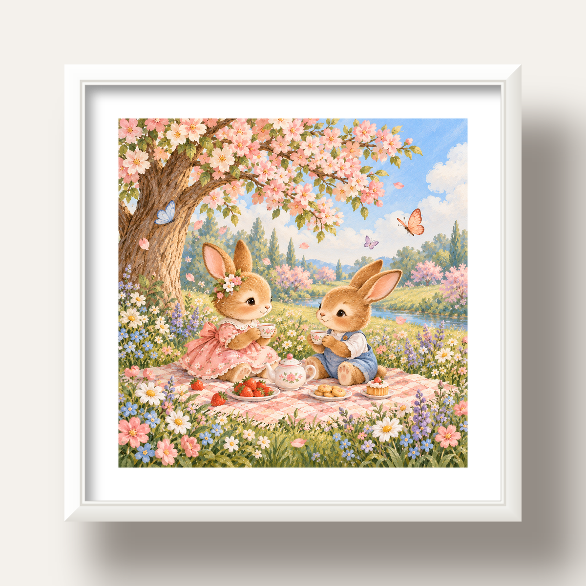 Bahar Pikniğinde Tavşanlar Pastel Poster – Suluboya Duvar Dekoru — beyaz derin çerçeveli paspartulu