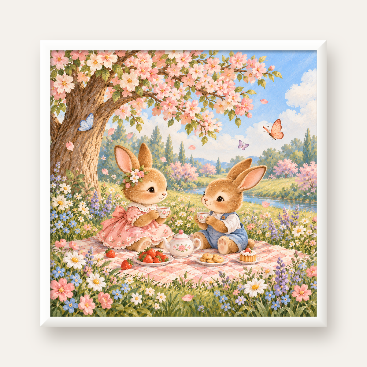 Bahar Pikniğinde Tavşanlar Pastel Poster – Suluboya Duvar Dekoru — beyaz çerçeveli kare poster