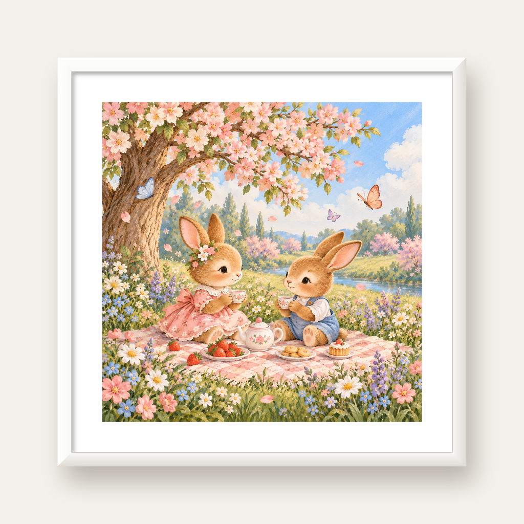 Bahar Pikniğinde Tavşanlar Pastel Poster – Suluboya Duvar Dekoru — beyaz çerçeveli kare poster