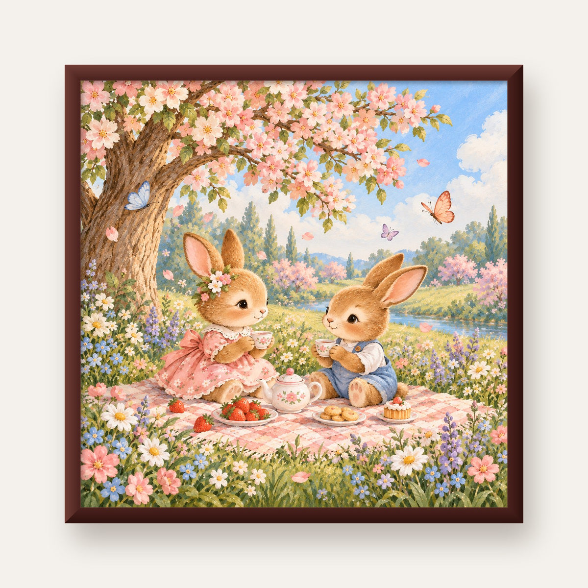 Bahar Pikniğinde Tavşanlar Pastel Poster – Suluboya Duvar Dekoru — ceviz çerçeveli