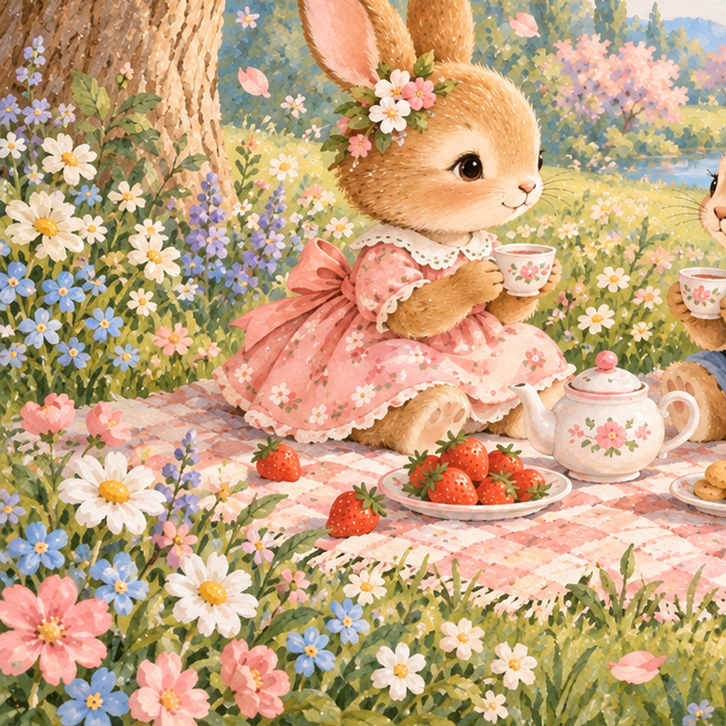 Bahar Pikniğinde Tavşanlar Pastel Poster – Suluboya Duvar Dekoru — baskının yakın çekimi, kâğıt dokusu ve renk detayı