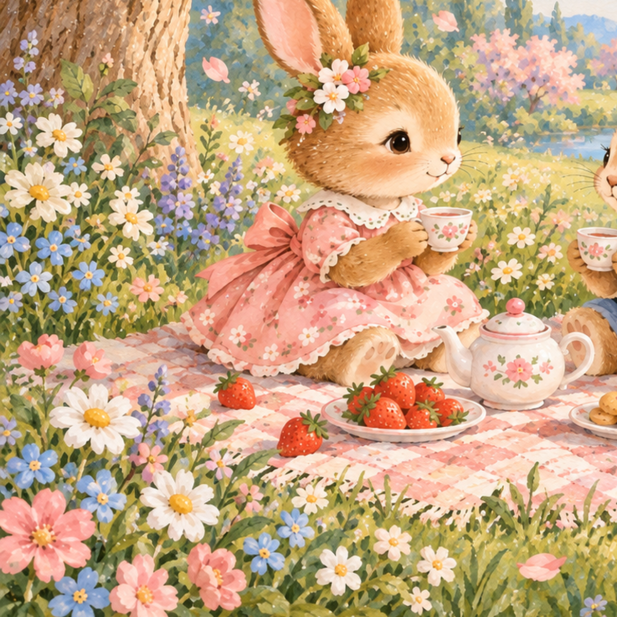 Bahar Pikniğinde Tavşanlar Pastel Poster – Suluboya Duvar Dekoru — baskının yakın çekimi, kâğıt dokusu ve renk detayı