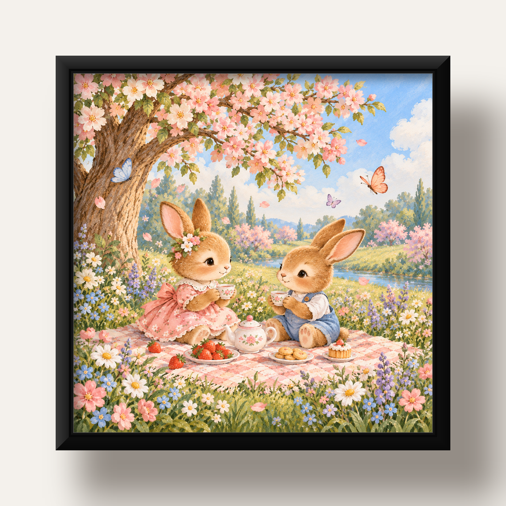 Bahar Pikniğinde Tavşanlar Pastel Poster – Suluboya Duvar Dekoru — siyah derin çerçeveli