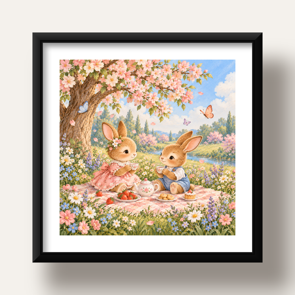 Bahar Pikniğinde Tavşanlar Pastel Poster – Suluboya Duvar Dekoru — siyah derin çerçeveli paspartulu