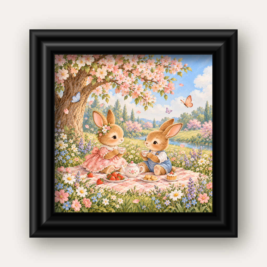 Bahar Pikniğinde Tavşanlar Pastel Poster – Suluboya Duvar Dekoru — siyah galeri çerçeveli