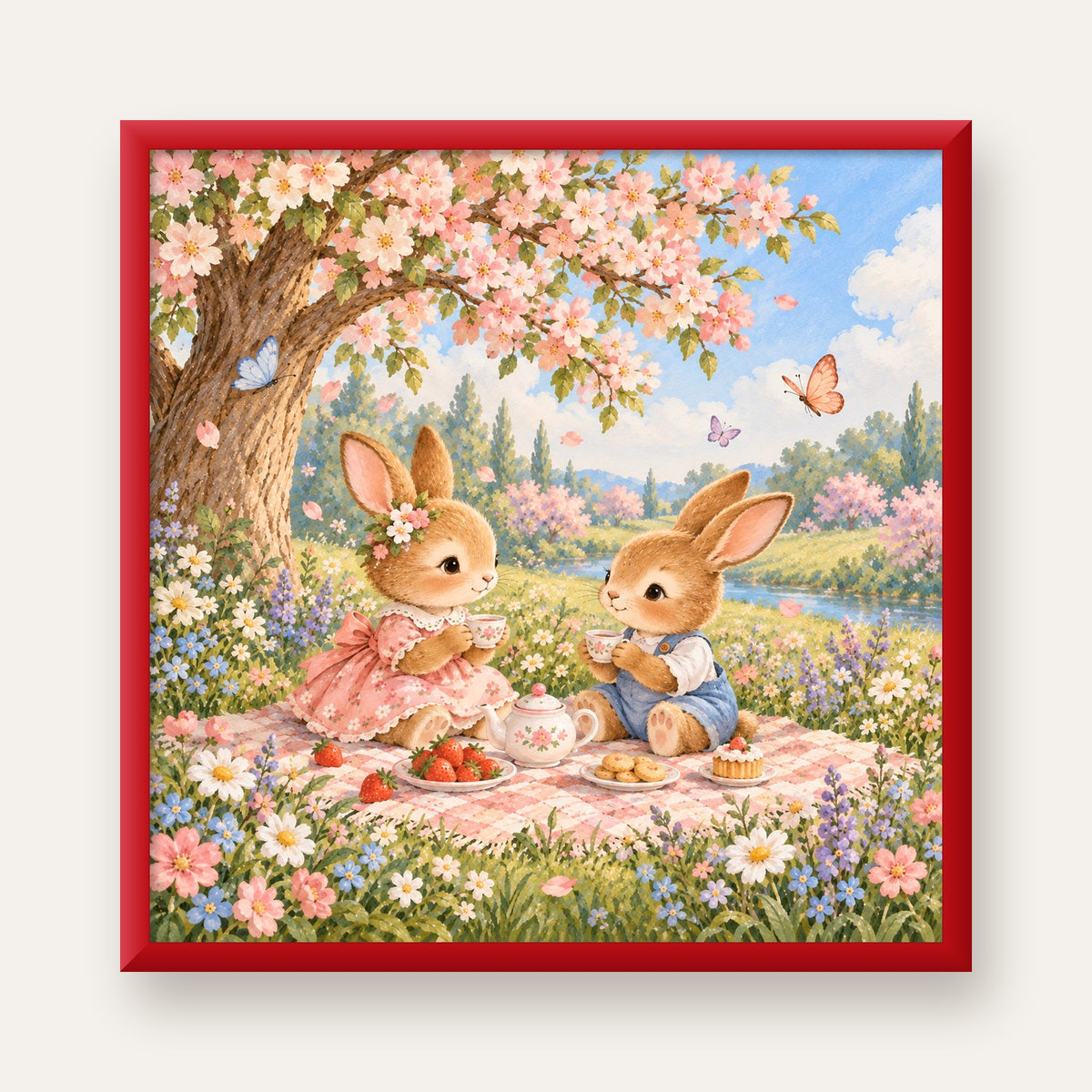 Bahar Pikniğinde Tavşanlar Pastel Poster – Suluboya Duvar Dekoru — kırmızı çerçeveli
