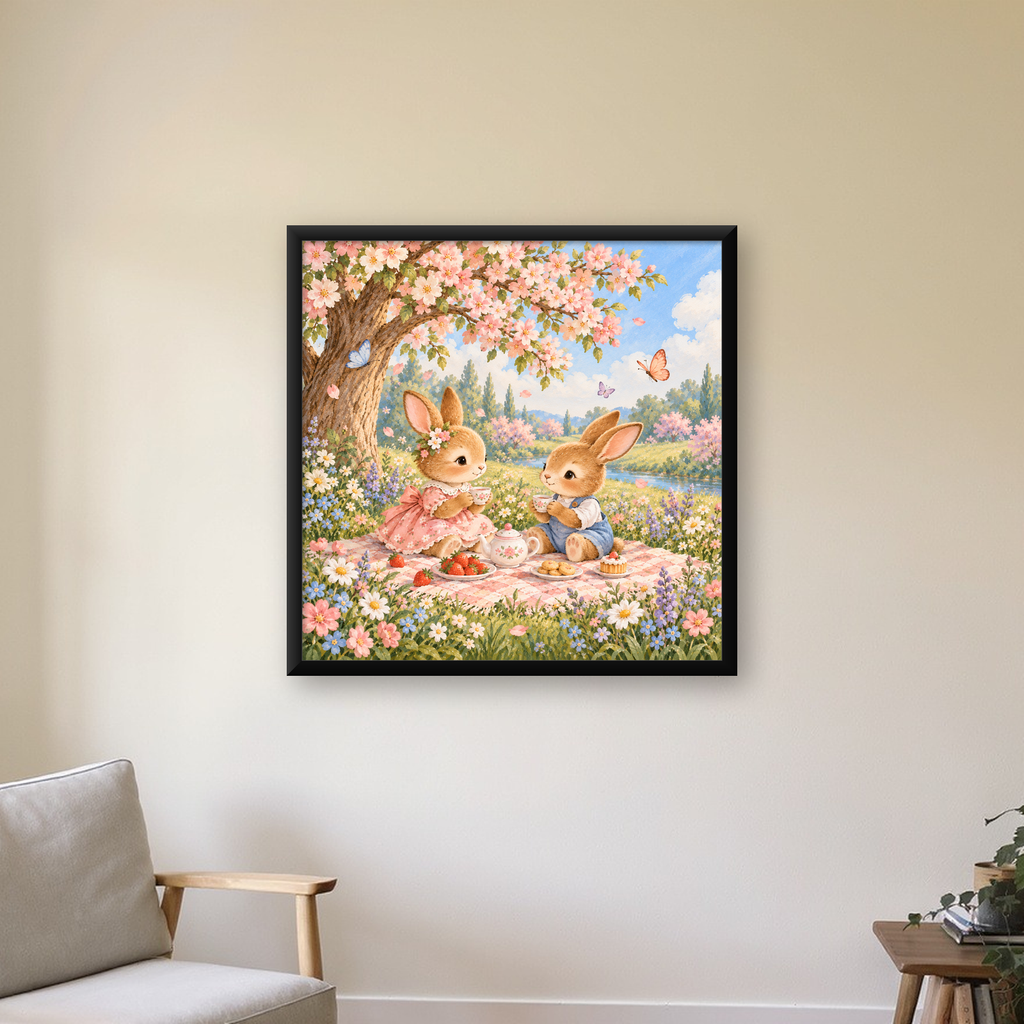 Bahar Pikniğinde Tavşanlar Pastel Poster – Suluboya Duvar Dekoru — Kare baskı, çerçeveli hâliyle bir ev duvarında