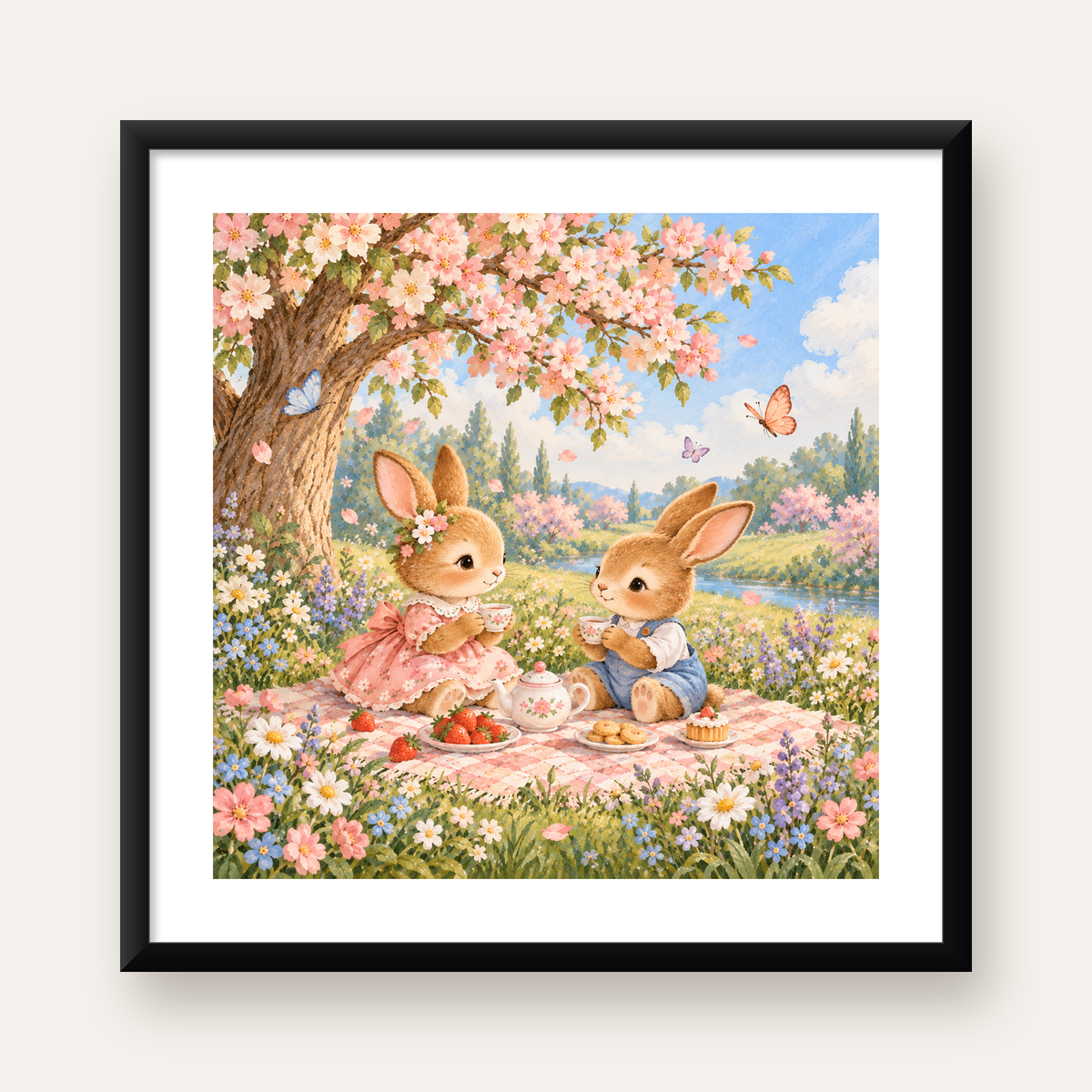 Bahar Pikniğinde Tavşanlar Pastel Poster – Suluboya Duvar Dekoru — Kare baskı, beyaz paspartulu