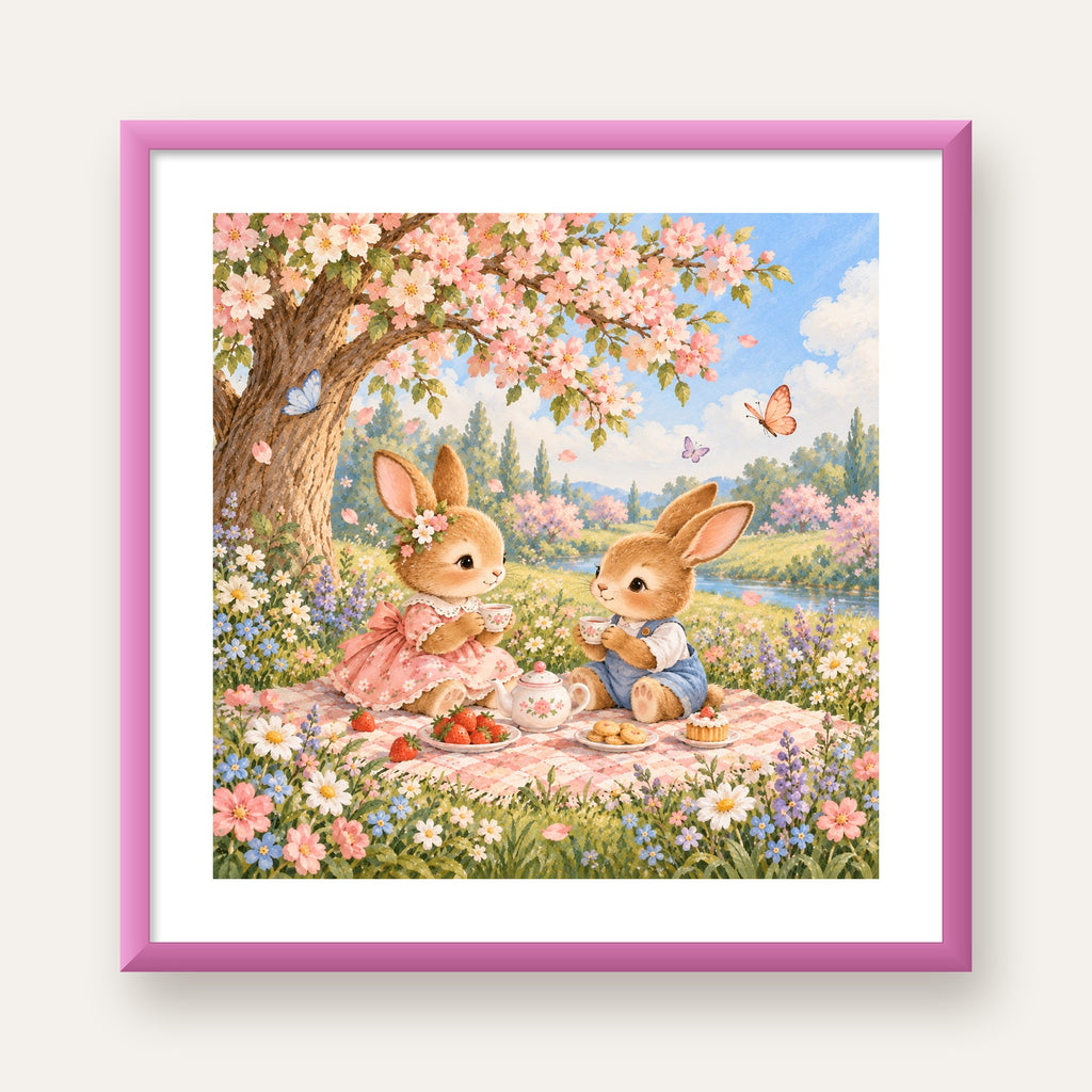 Bahar Pikniğinde Tavşanlar Pastel Poster – Suluboya Duvar Dekoru — pembe çerçeveli paspartulu