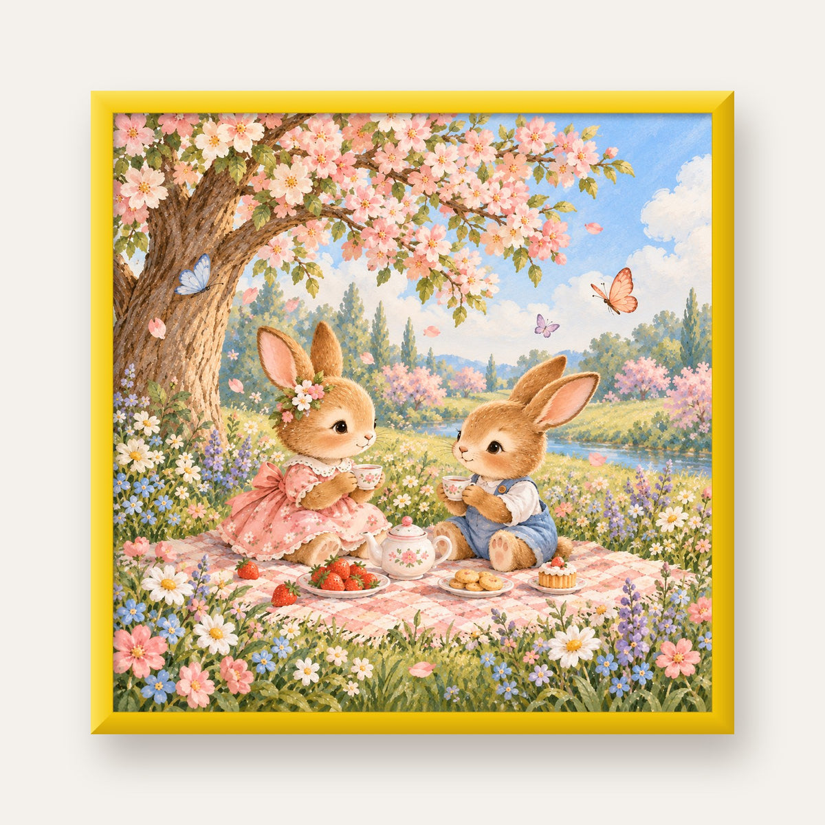 Bahar Pikniğinde Tavşanlar Pastel Poster – Suluboya Duvar Dekoru — sarı çerçeveli
