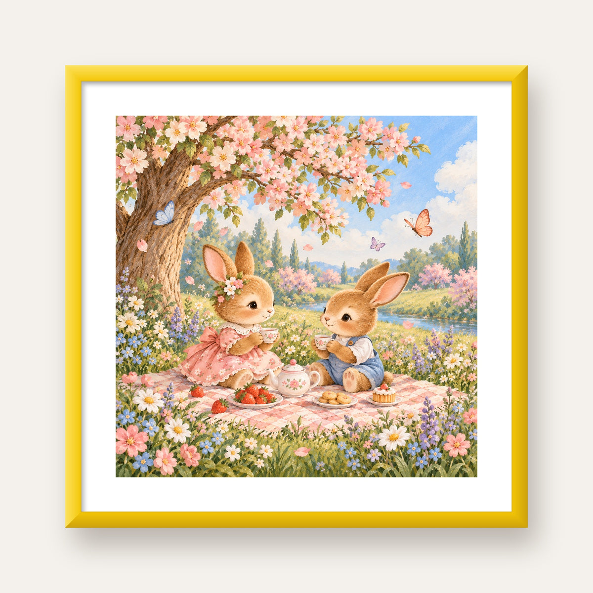 Bahar Pikniğinde Tavşanlar Pastel Poster – Suluboya Duvar Dekoru — sarı çerçeveli paspartulu
