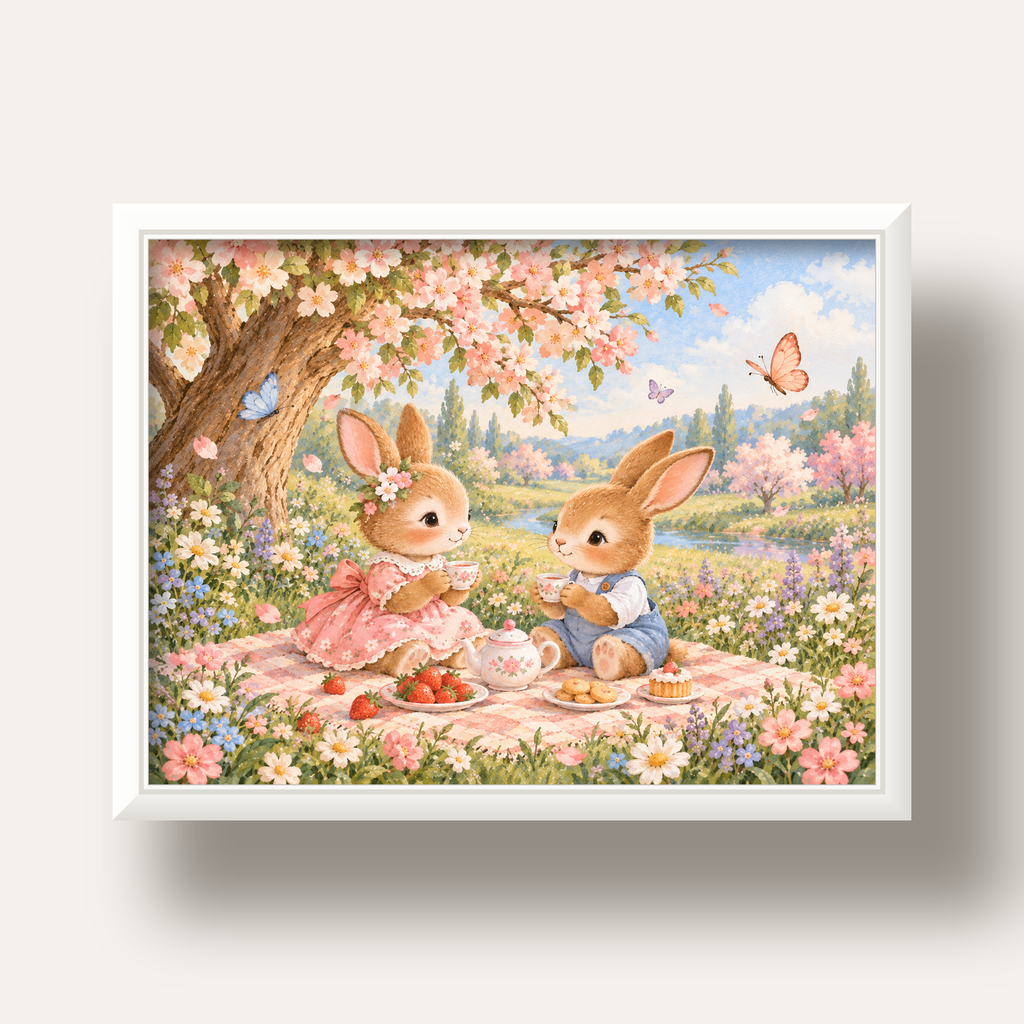 Bahar Pikniğinde Tavşanlar Pastel Poster – Suluboya Duvar Dekoru — beyaz derin çerçeveli