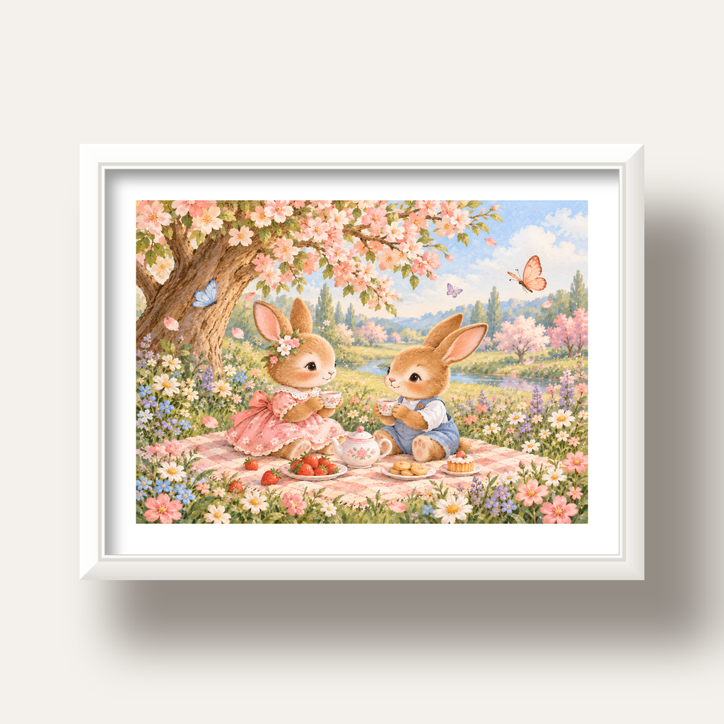 Bahar Pikniğinde Tavşanlar Pastel Poster – Suluboya Duvar Dekoru — beyaz derin çerçeveli paspartulu