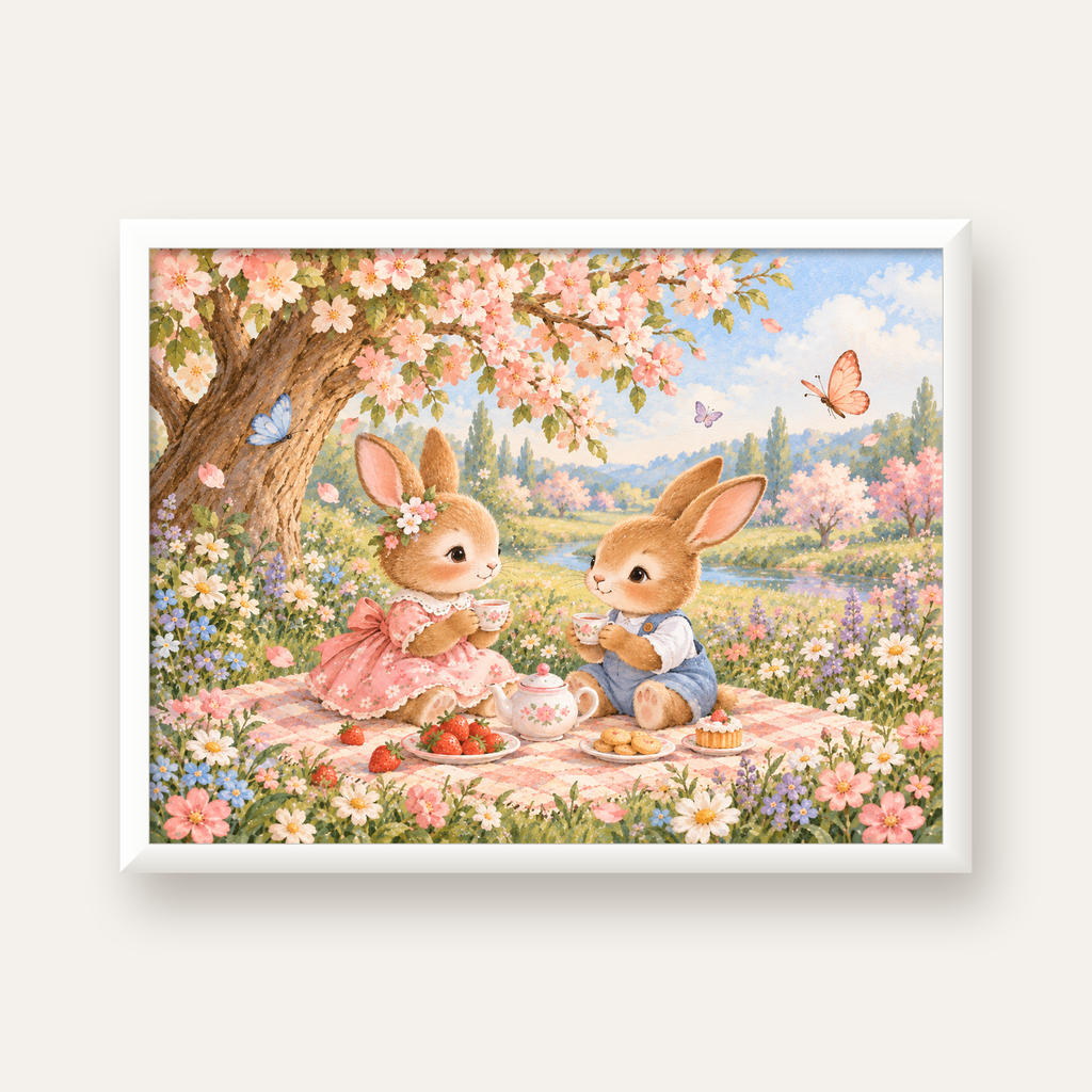 Bahar Pikniğinde Tavşanlar Pastel Poster – Suluboya Duvar Dekoru — beyaz çerçeveli yatay poster