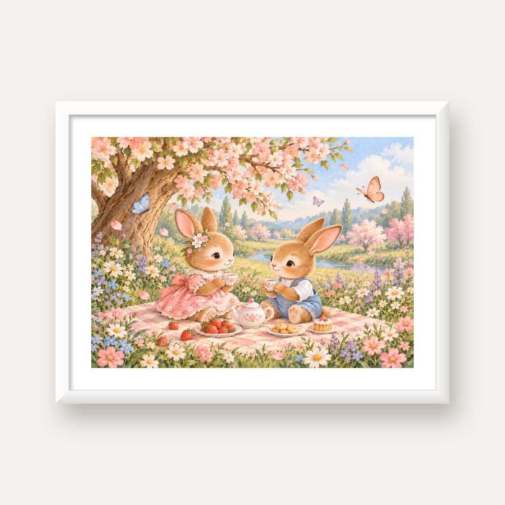 Bahar Pikniğinde Tavşanlar Pastel Poster – Suluboya Duvar Dekoru — beyaz çerçeveli yatay poster