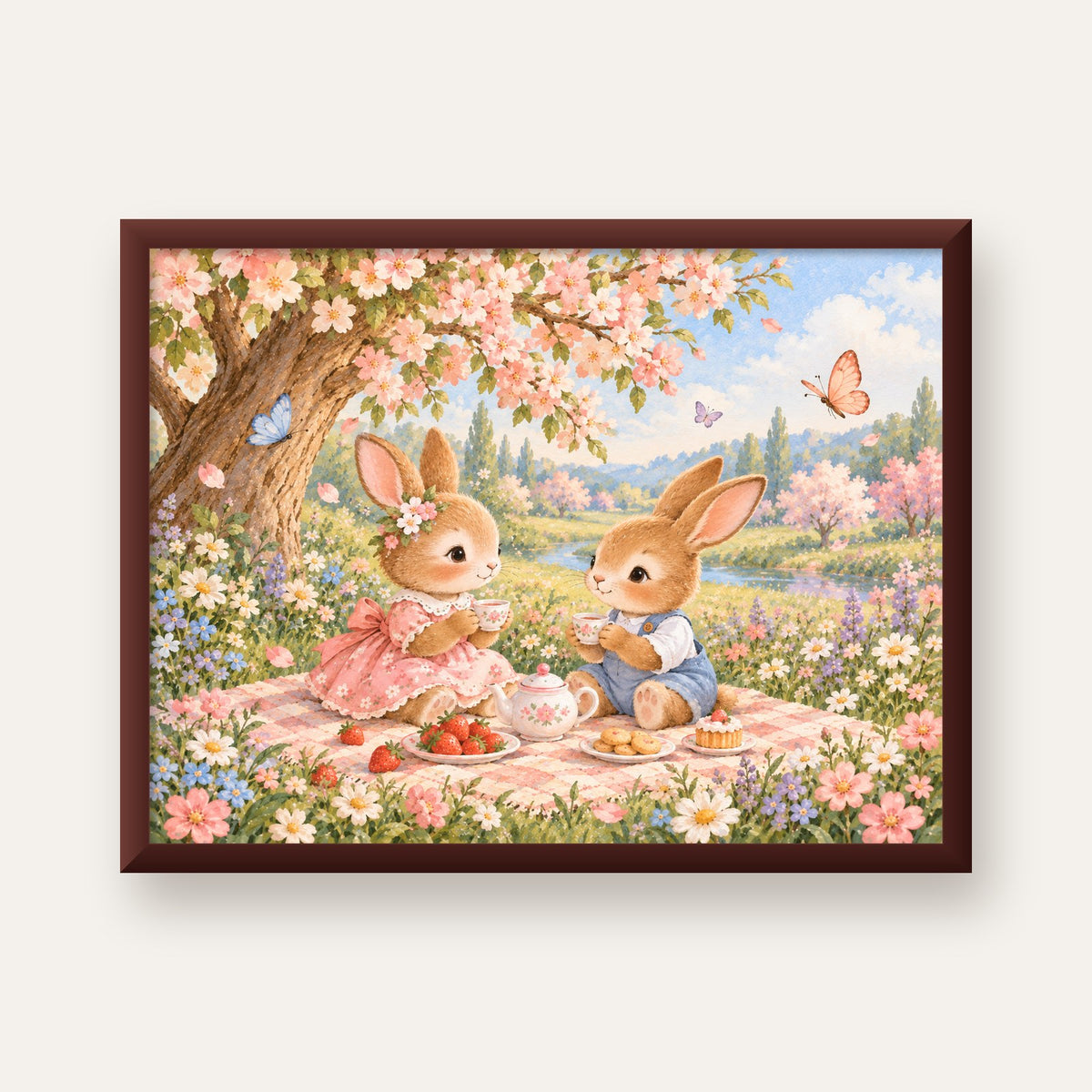 Bahar Pikniğinde Tavşanlar Pastel Poster – Suluboya Duvar Dekoru — ceviz çerçeveli