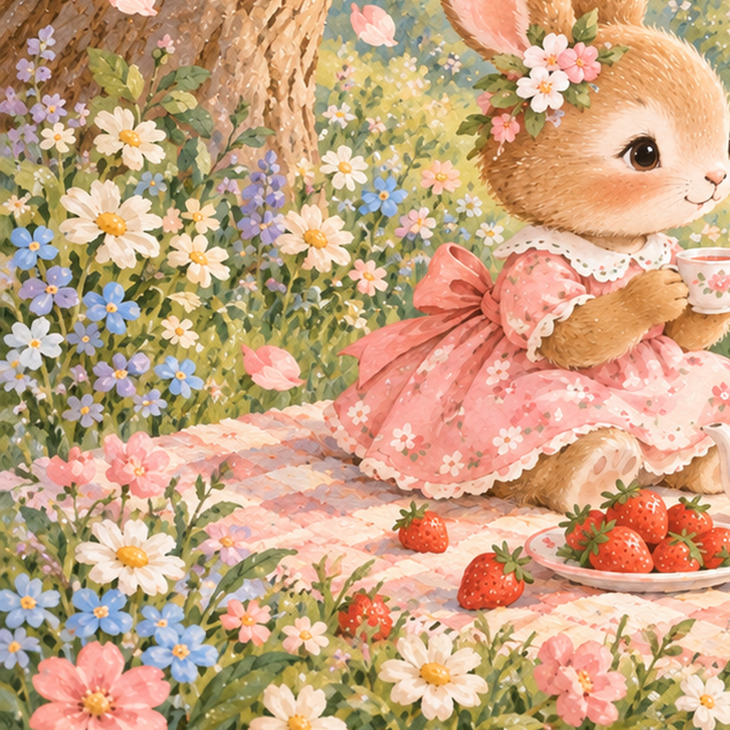 Bahar Pikniğinde Tavşanlar Pastel Poster – Suluboya Duvar Dekoru — baskının yakın çekimi, kâğıt dokusu ve renk detayı