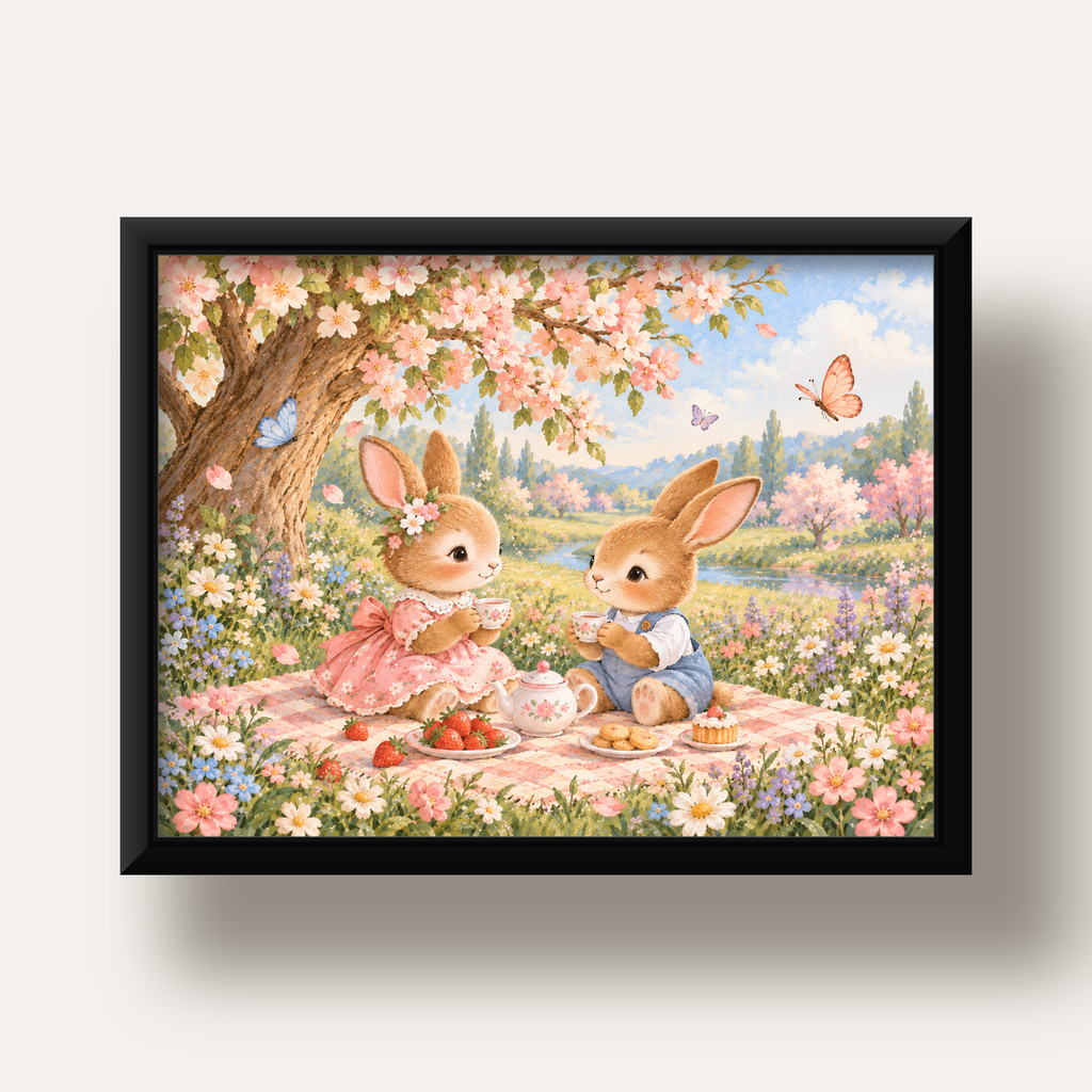 Bahar Pikniğinde Tavşanlar Pastel Poster – Suluboya Duvar Dekoru — siyah derin çerçeveli