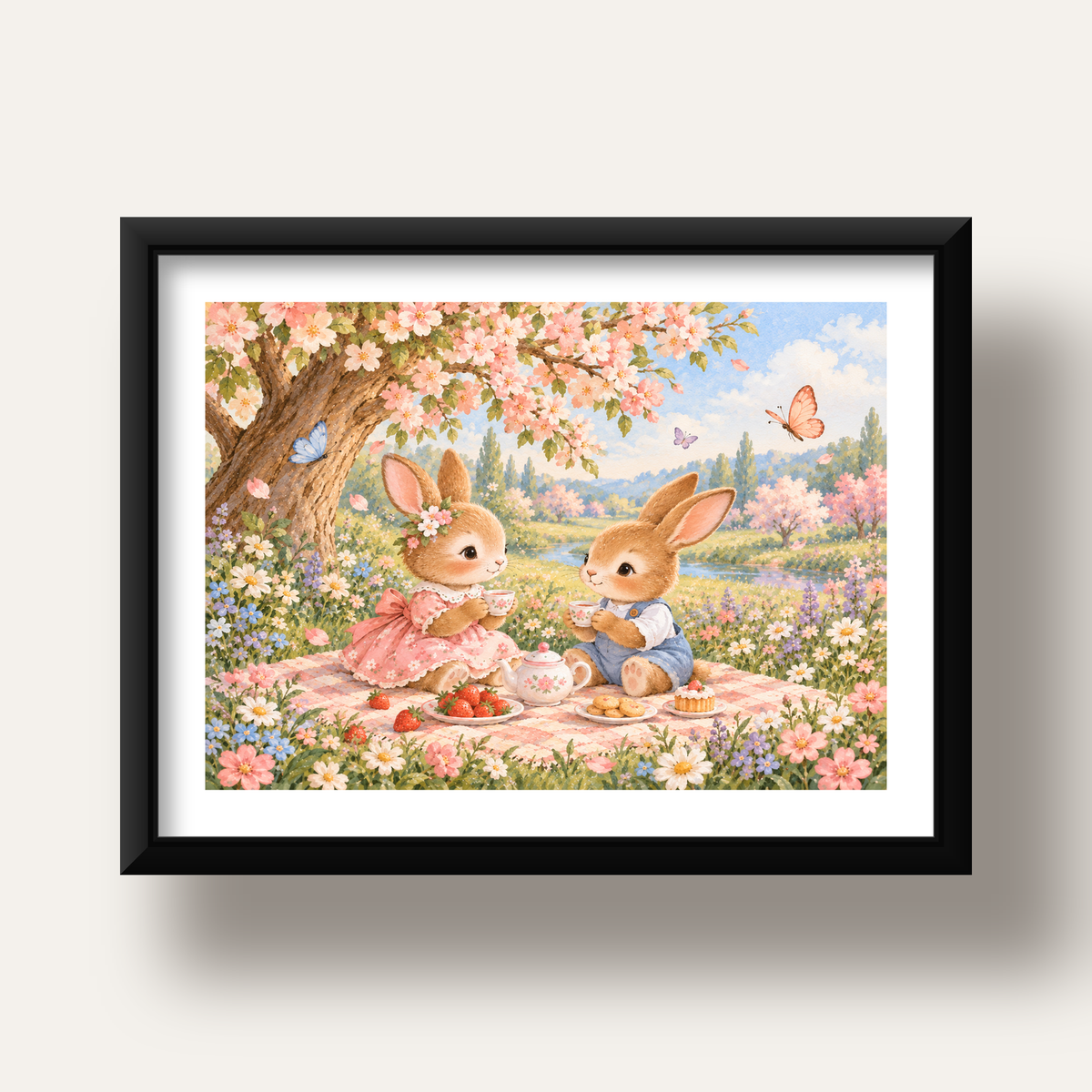 Bahar Pikniğinde Tavşanlar Pastel Poster – Suluboya Duvar Dekoru — siyah derin çerçeveli paspartulu