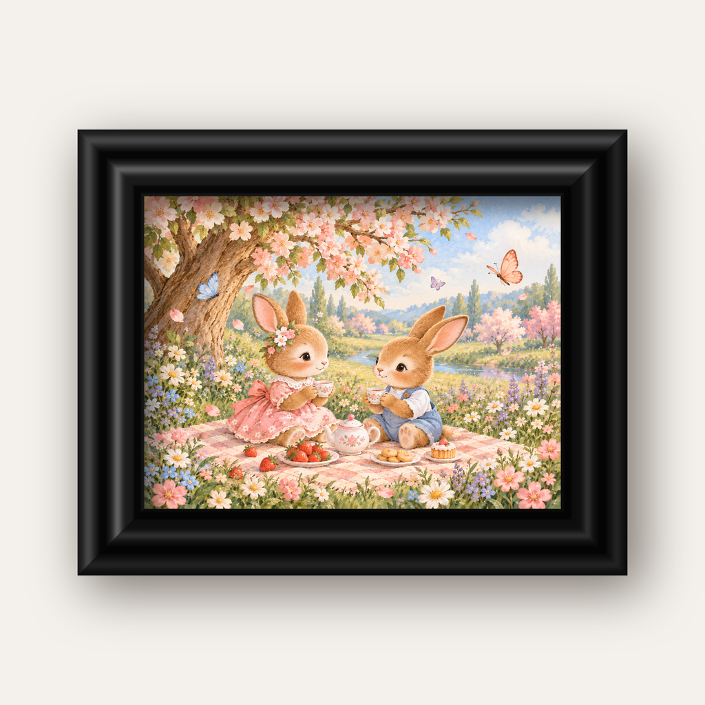 Bahar Pikniğinde Tavşanlar Pastel Poster – Suluboya Duvar Dekoru — siyah galeri çerçeveli