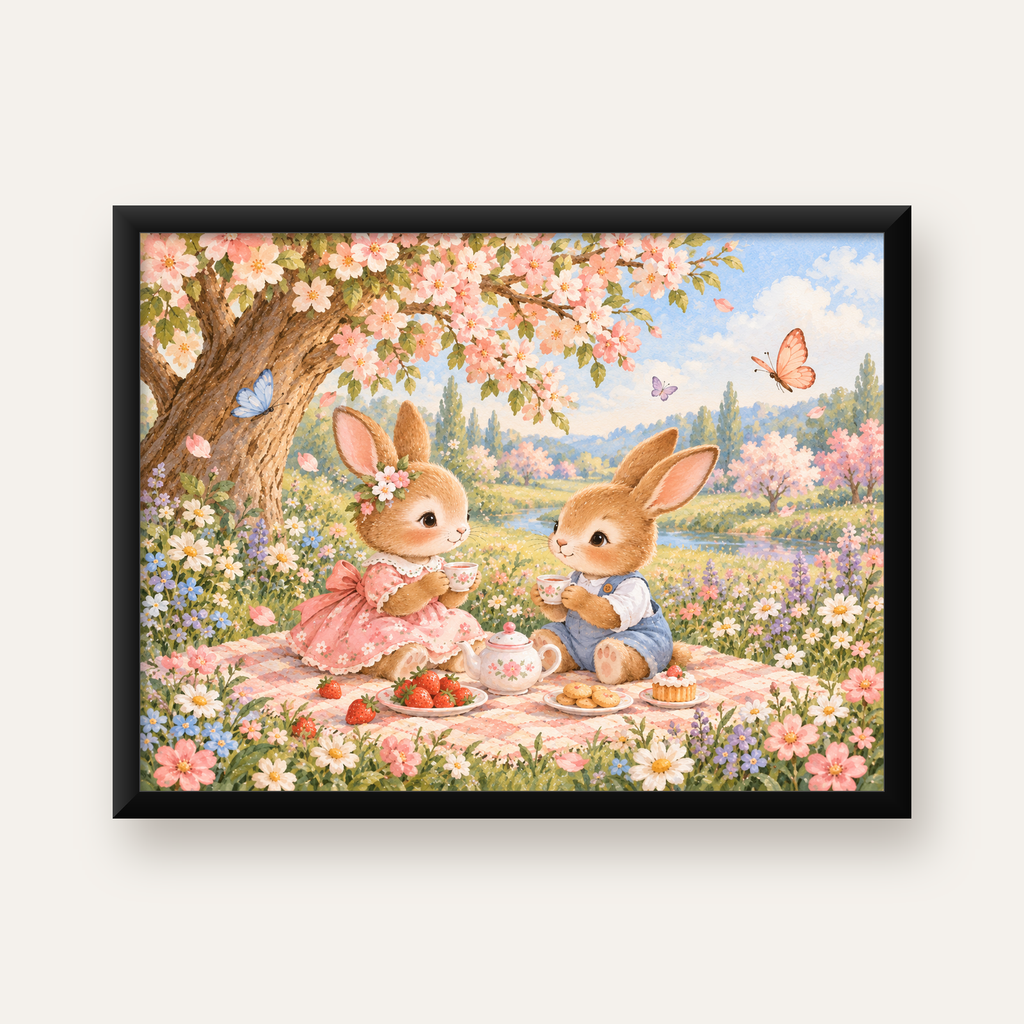 Bahar Pikniğinde Tavşanlar Pastel Poster – Suluboya Duvar Dekoru — Yatay baskı, düz siyah çerçeveli duvar posteri