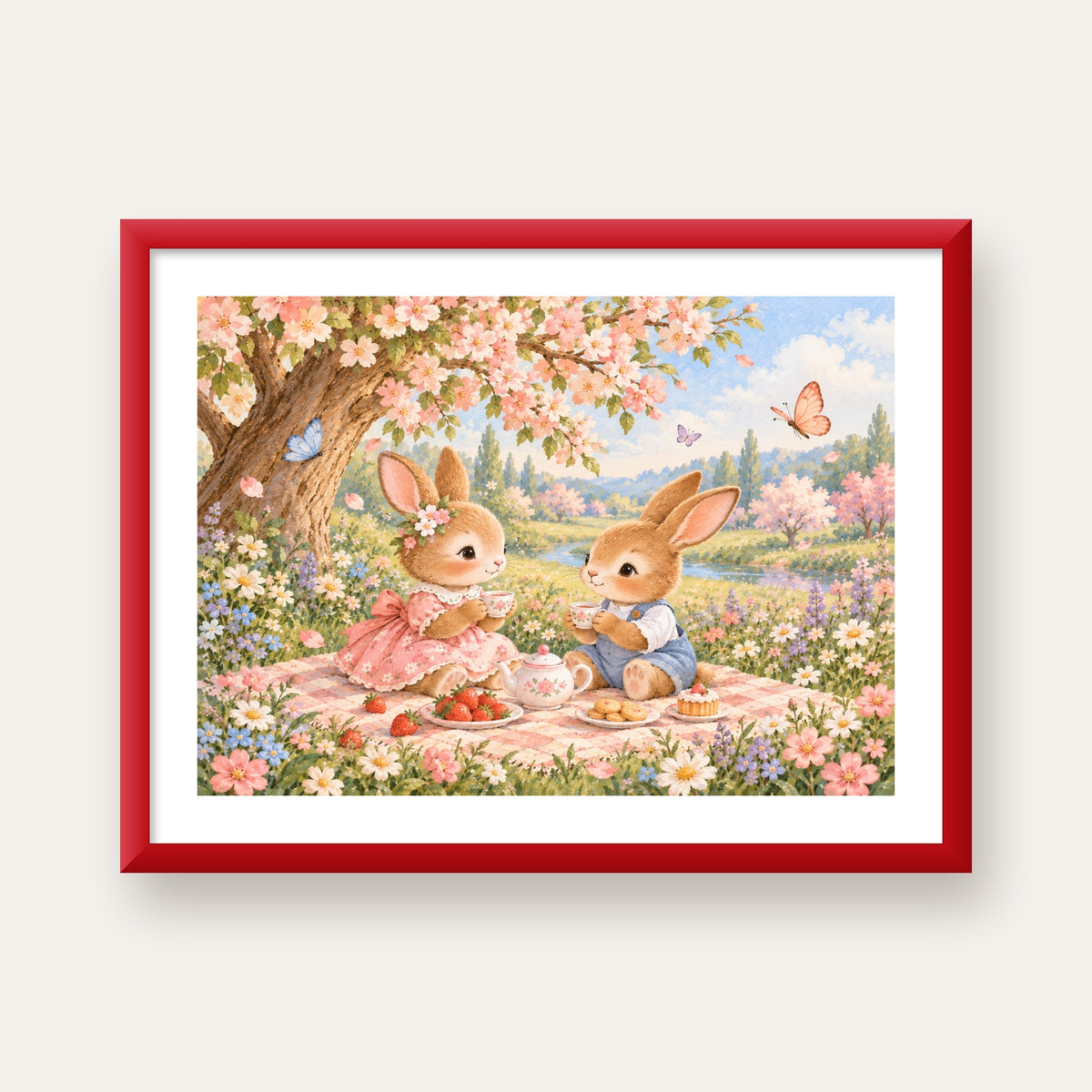 Bahar Pikniğinde Tavşanlar Pastel Poster – Suluboya Duvar Dekoru — kırmızı çerçeveli paspartulu