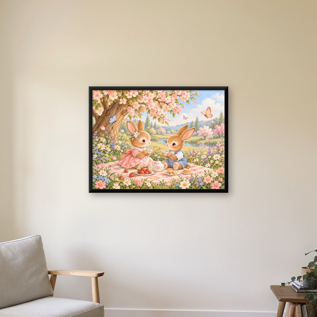 Bahar Pikniğinde Tavşanlar Pastel Poster – Suluboya Duvar Dekoru — Yatay baskı, çerçeveli hâliyle bir ev duvarında