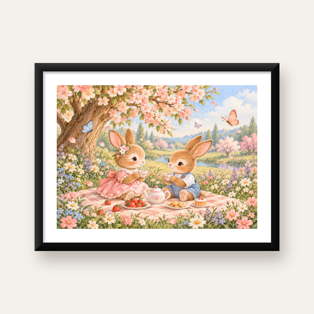 Bahar Pikniğinde Tavşanlar Pastel Poster – Suluboya Duvar Dekoru — Yatay baskı, beyaz paspartulu