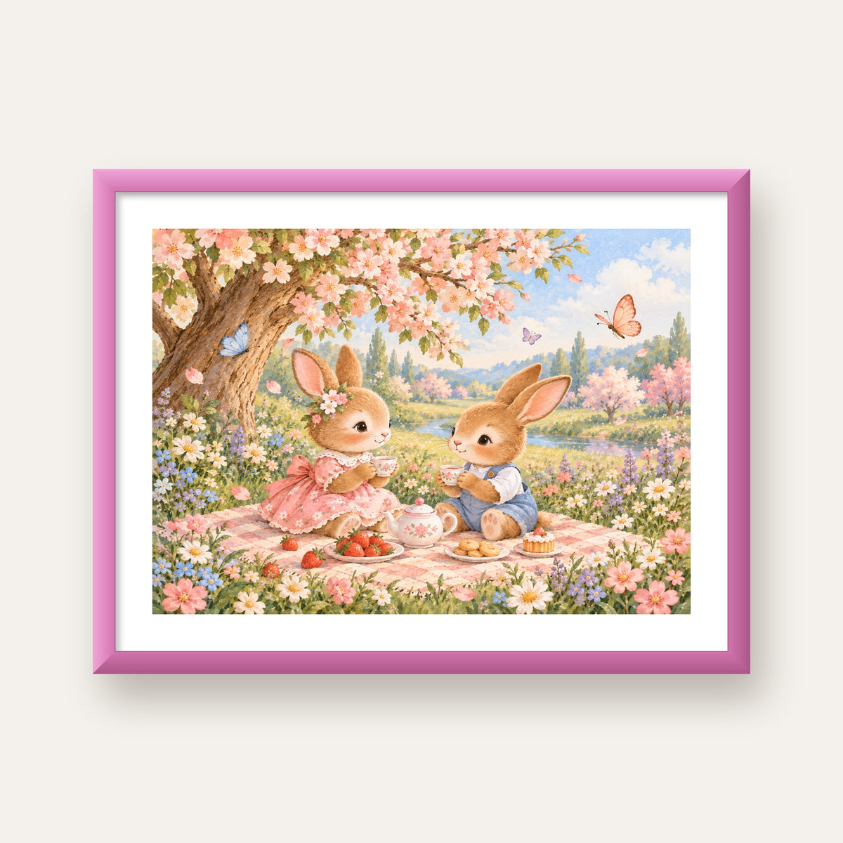 Bahar Pikniğinde Tavşanlar Pastel Poster – Suluboya Duvar Dekoru — pembe çerçeveli paspartulu