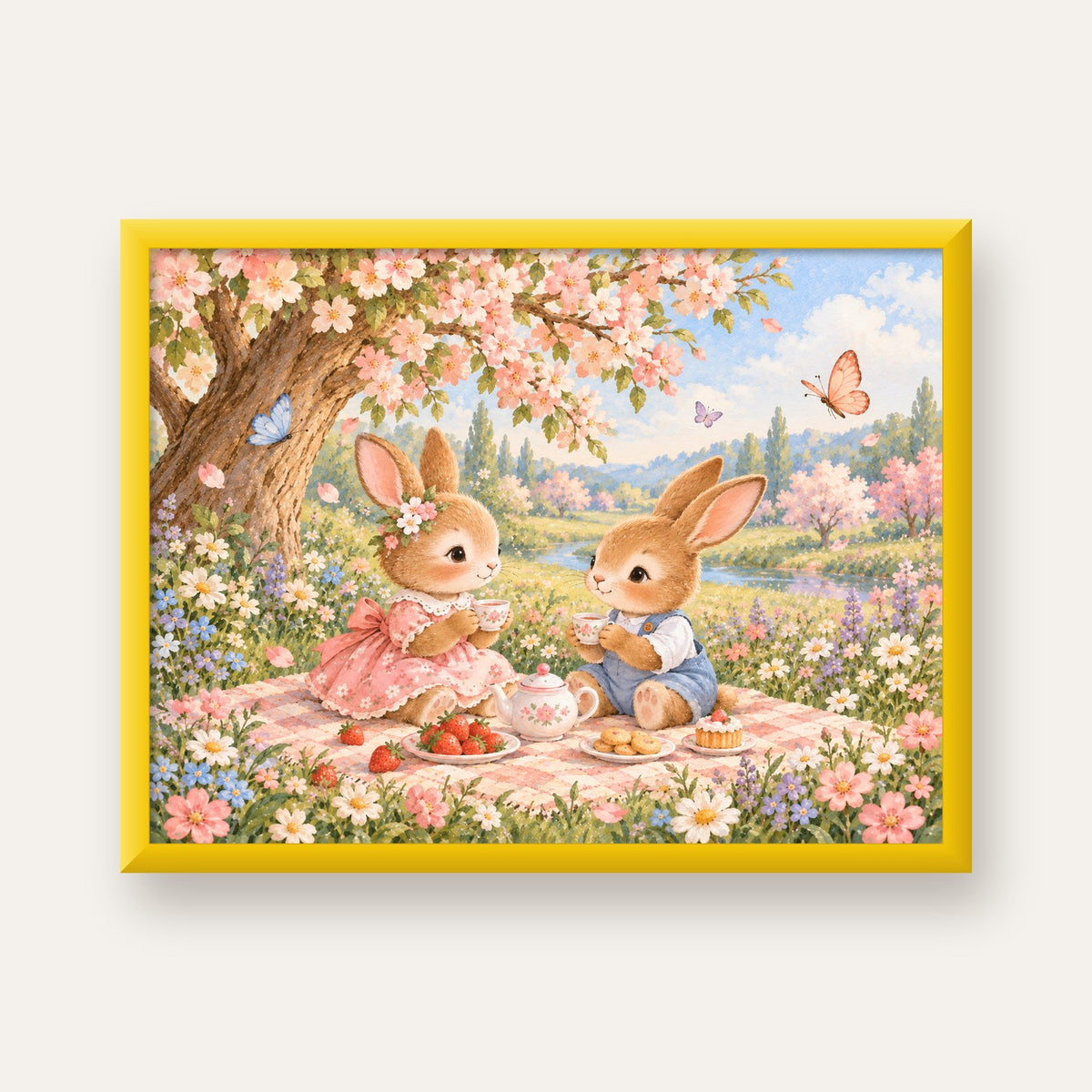 Bahar Pikniğinde Tavşanlar Pastel Poster – Suluboya Duvar Dekoru — sarı çerçeveli