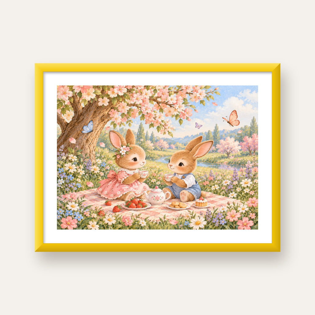 Bahar Pikniğinde Tavşanlar Pastel Poster – Suluboya Duvar Dekoru — sarı çerçeveli paspartulu