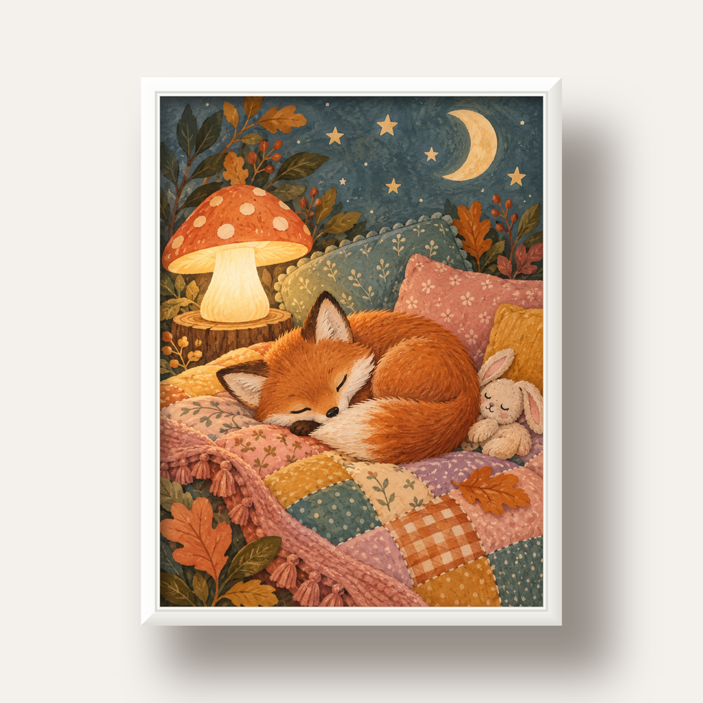 Uyuyan Tilki ve Gece Manzaralı Sıcak Pastel Poster — beyaz derin çerçeveli
