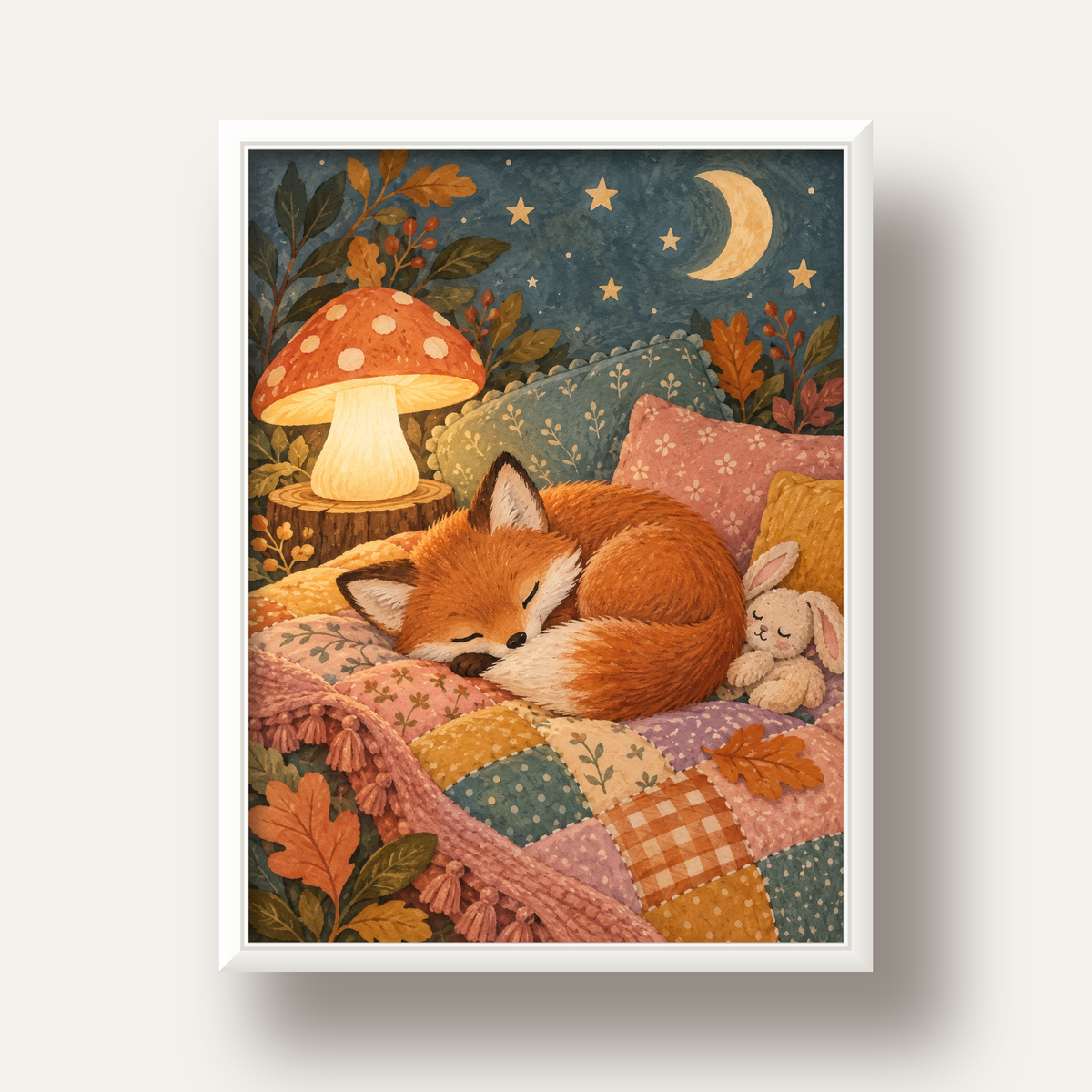 Uyuyan Tilki ve Gece Manzaralı Sıcak Pastel Poster — beyaz derin çerçeveli