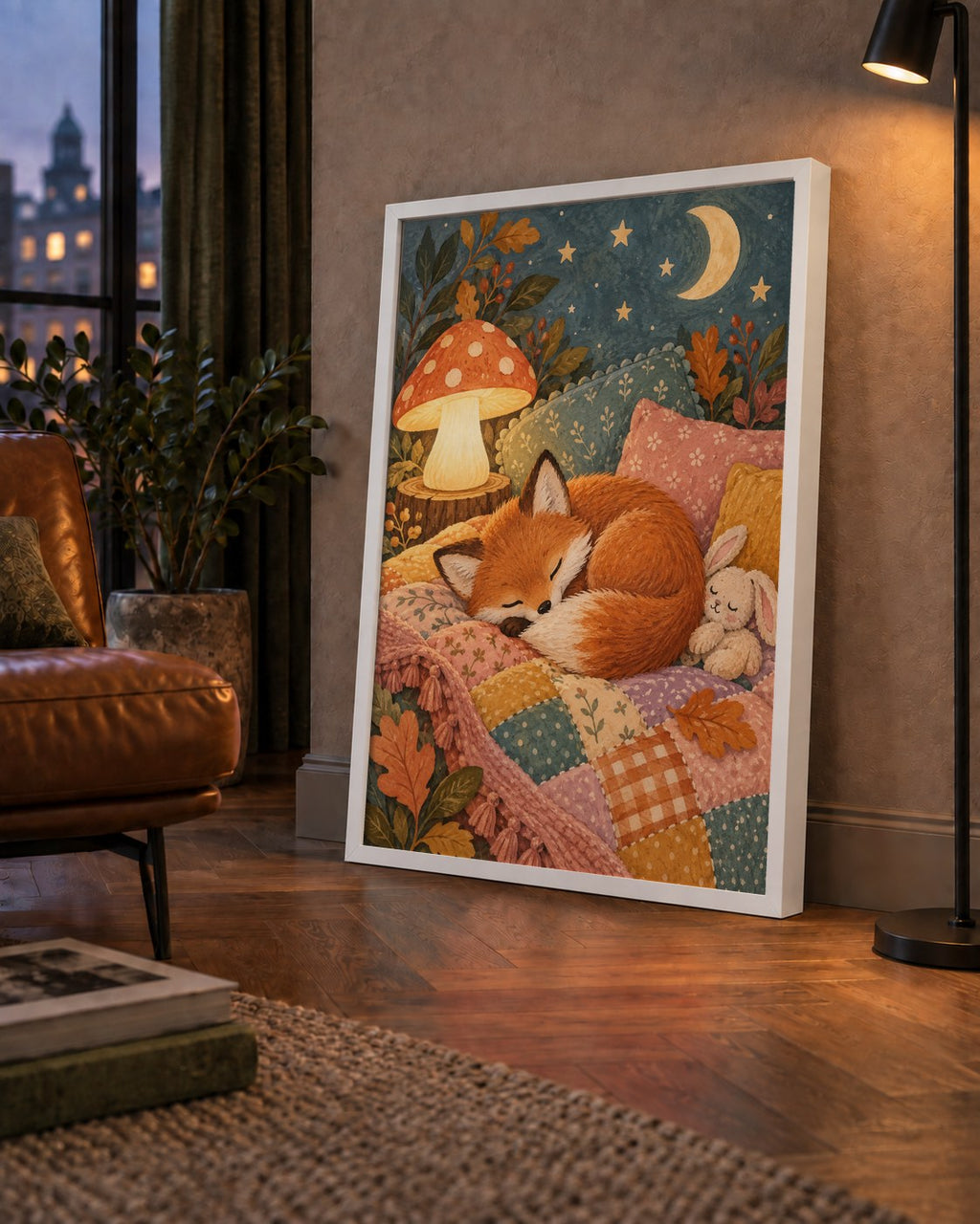 Uyuyan Tilki ve Gece Manzaralı Sıcak Pastel Poster — çerçeveli hâliyle bir ev duvarında