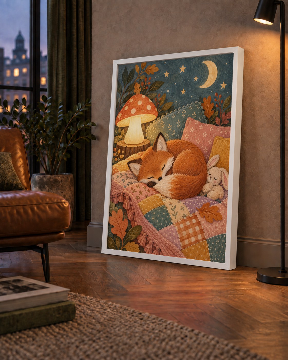 Uyuyan Tilki ve Gece Manzaralı Sıcak Pastel Poster — çerçeveli hâliyle bir ev duvarında
