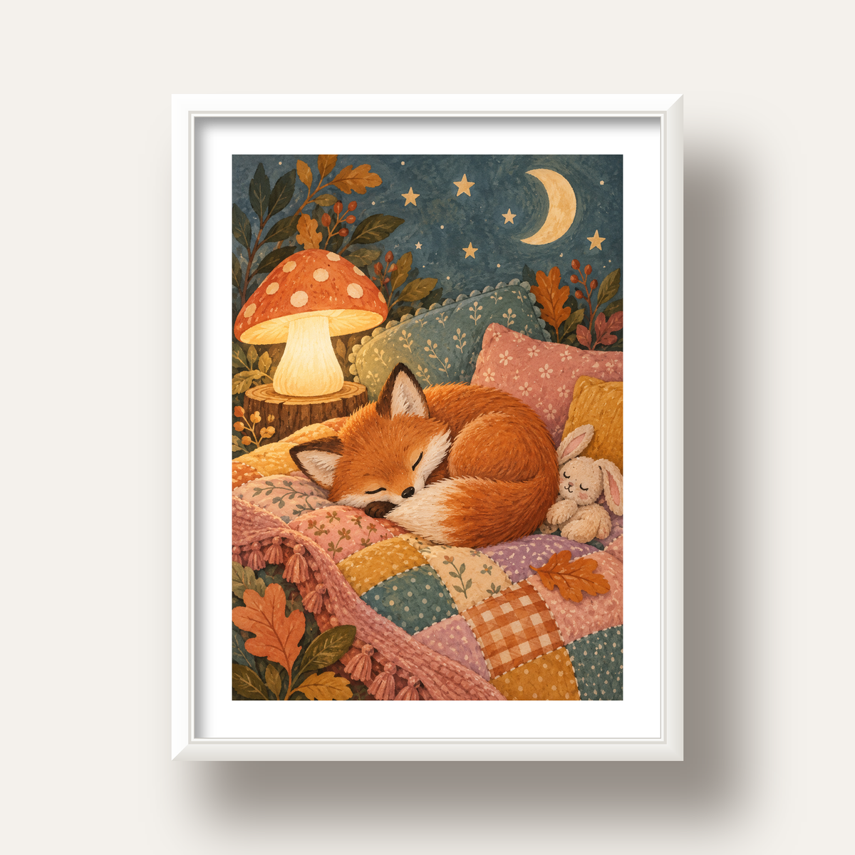 Uyuyan Tilki ve Gece Manzaralı Sıcak Pastel Poster — beyaz derin çerçeveli paspartulu