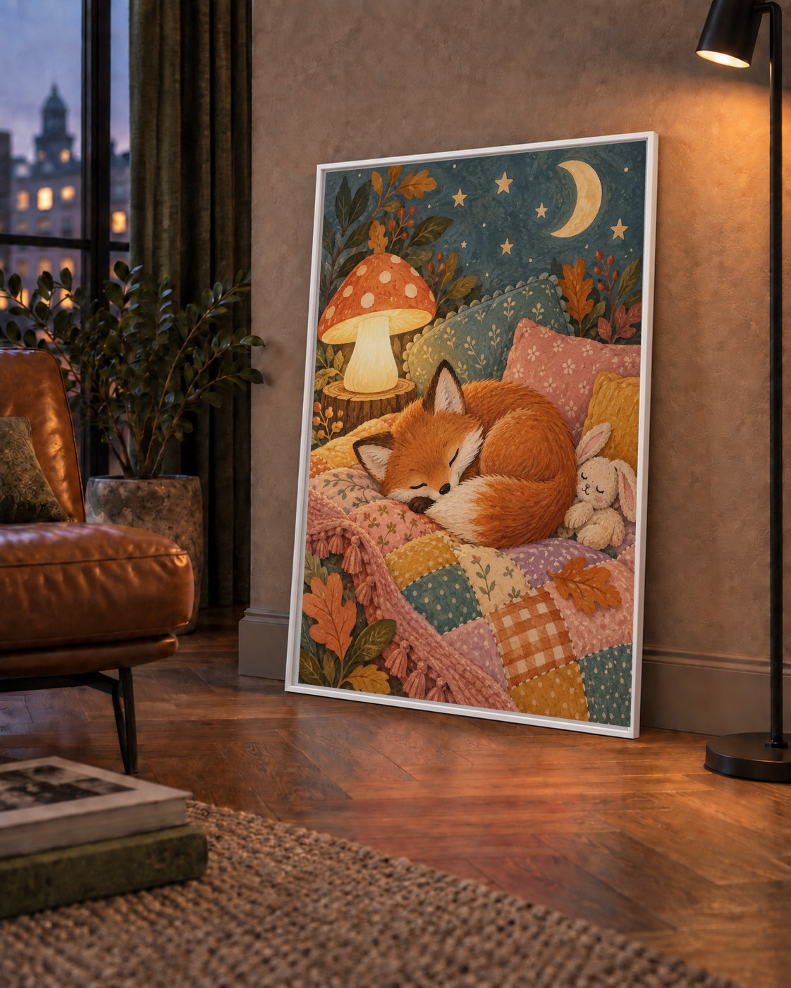 Uyuyan Tilki ve Gece Manzaralı Sıcak Pastel Poster — çerçeveli hâliyle bir ev duvarında