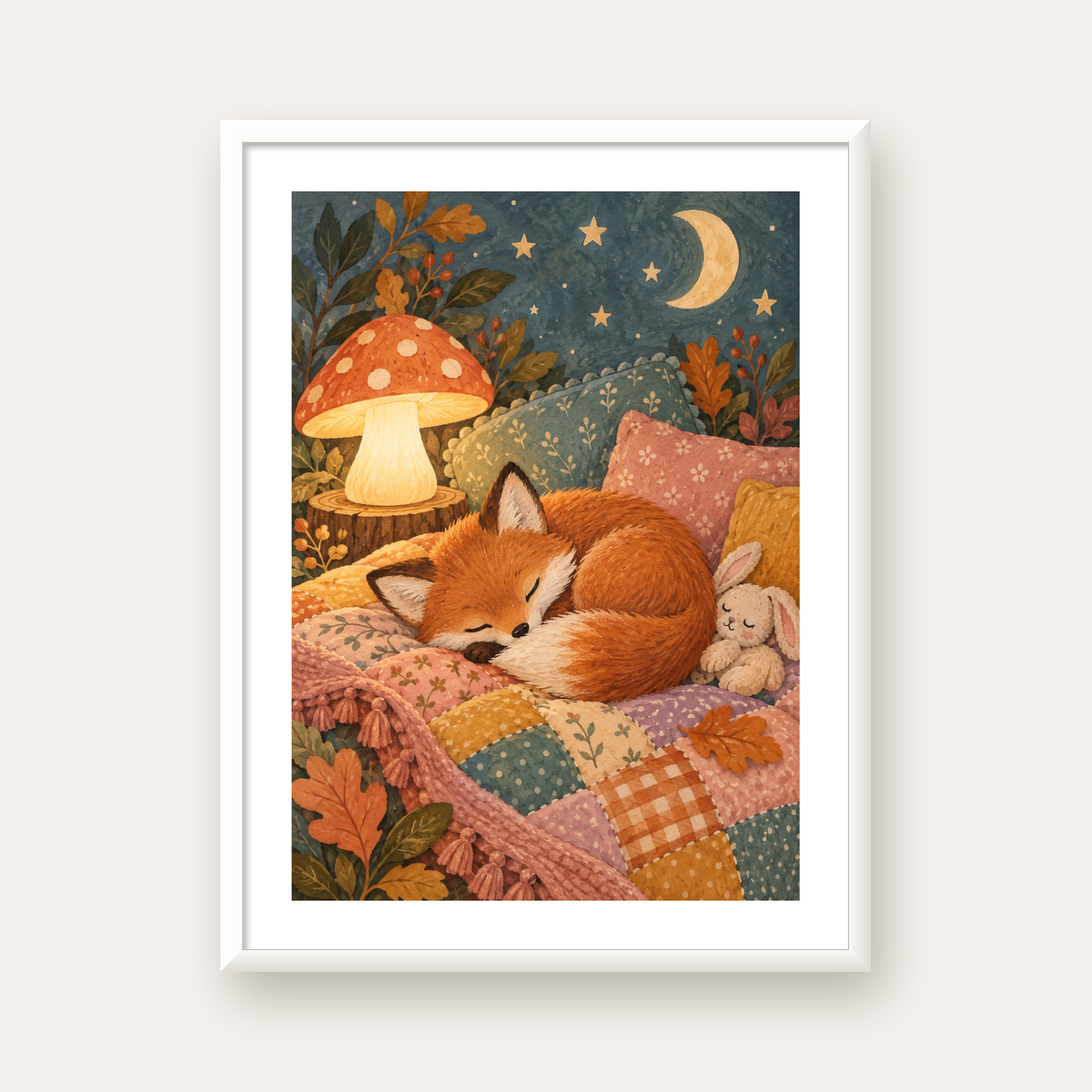 Uyuyan Tilki ve Gece Manzaralı Sıcak Pastel Poster — beyaz çerçeveli dikey poster