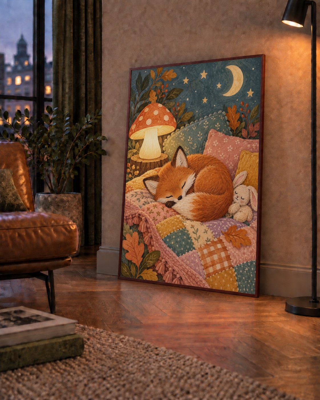 Uyuyan Tilki ve Gece Manzaralı Sıcak Pastel Poster — çerçeveli hâliyle bir ev duvarında