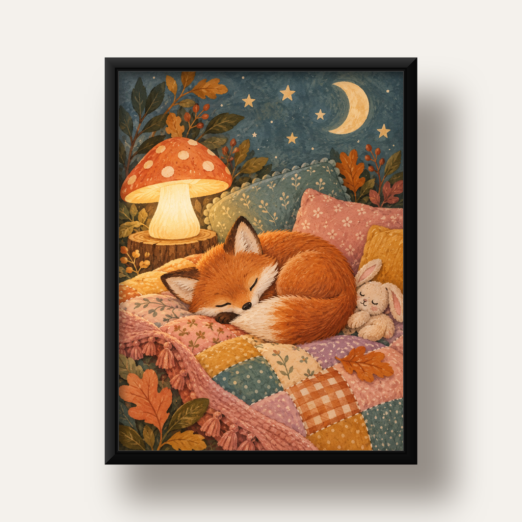 Uyuyan Tilki ve Gece Manzaralı Sıcak Pastel Poster — siyah derin çerçeveli