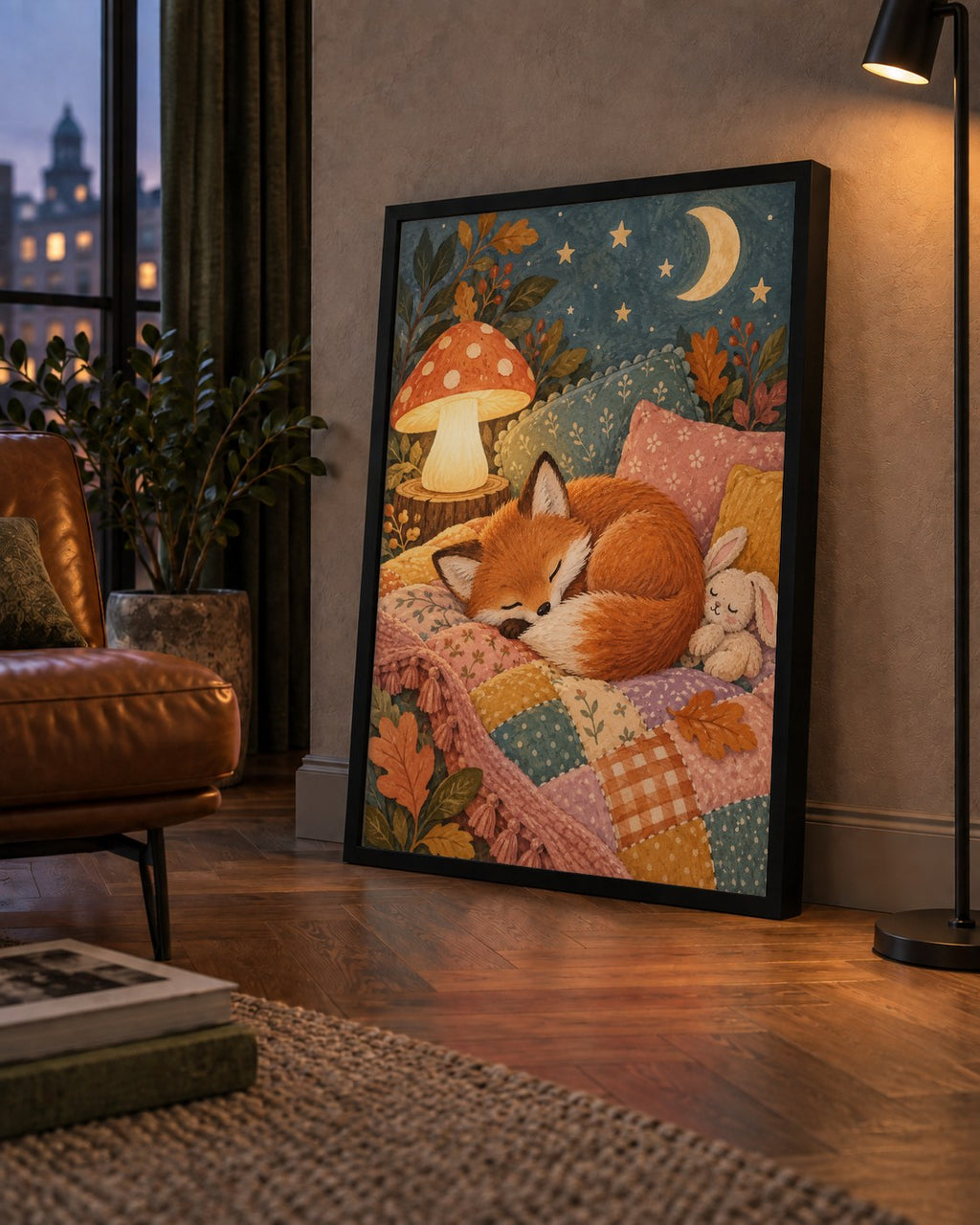 Uyuyan Tilki ve Gece Manzaralı Sıcak Pastel Poster — çerçeveli hâliyle bir ev duvarında