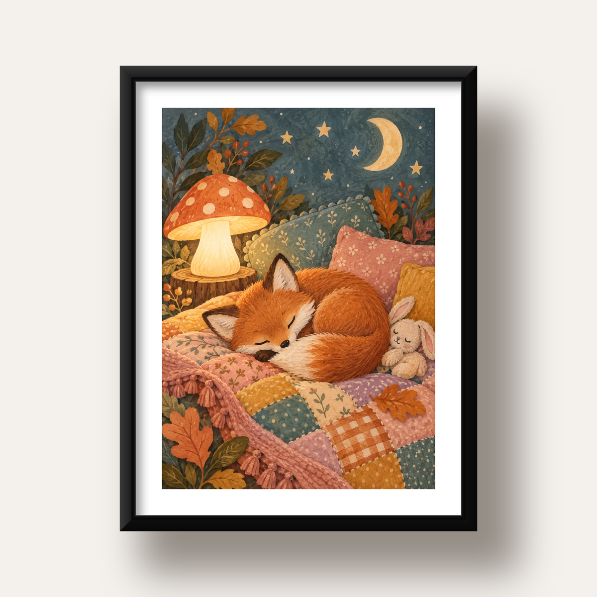 Uyuyan Tilki ve Gece Manzaralı Sıcak Pastel Poster — siyah derin çerçeveli paspartulu
