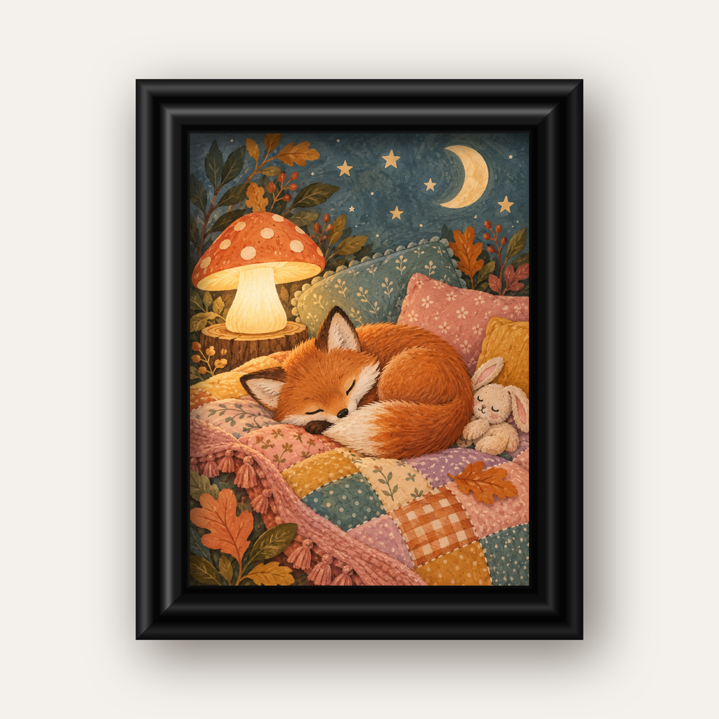 Uyuyan Tilki ve Gece Manzaralı Sıcak Pastel Poster — siyah galeri çerçeveli