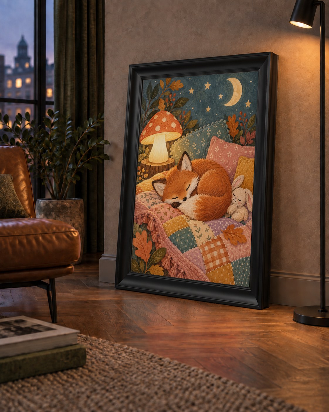 Uyuyan Tilki ve Gece Manzaralı Sıcak Pastel Poster — çerçeveli hâliyle bir ev duvarında