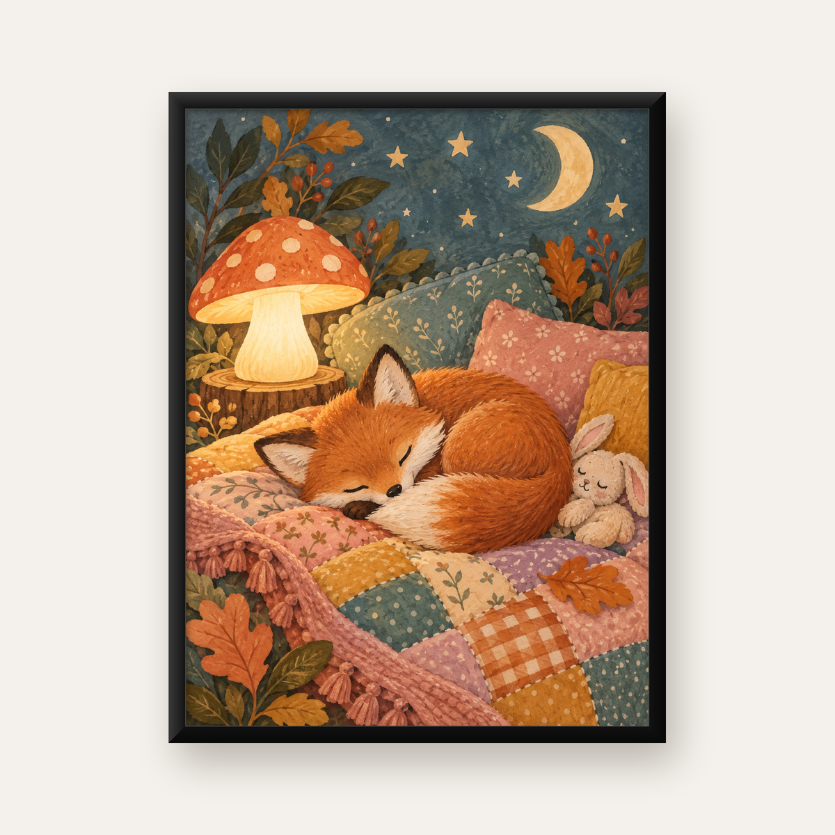 Uyuyan Tilki ve Gece Manzaralı Sıcak Pastel Poster — Dikey baskı, düz siyah çerçeveli duvar posteri
