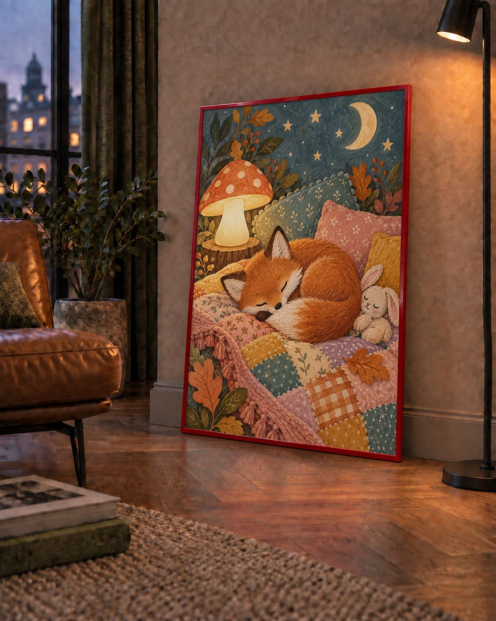 Uyuyan Tilki ve Gece Manzaralı Sıcak Pastel Poster — çerçeveli hâliyle bir ev duvarında